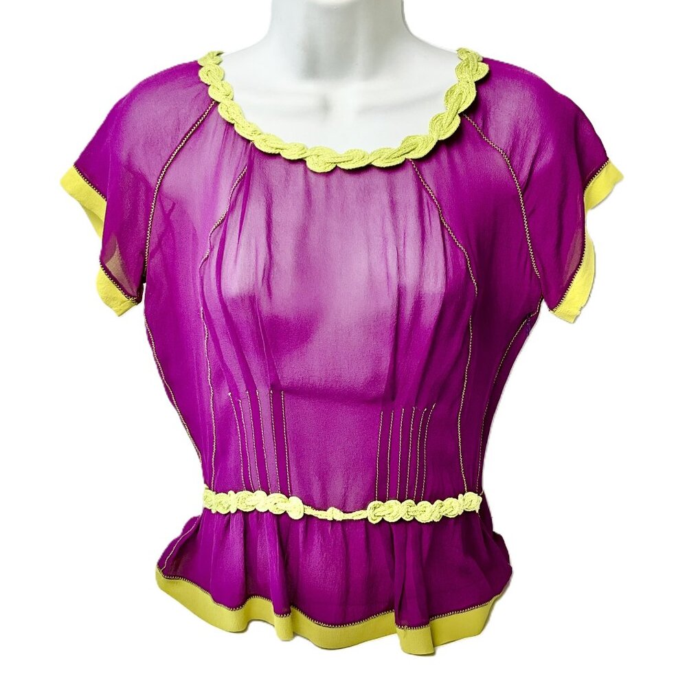Etro Milano 100% Silk Peplum Blouse lime Trim Size 42 Italy